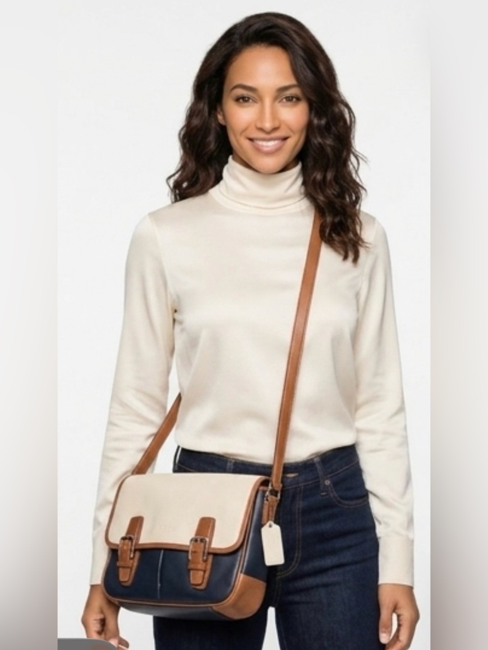 Coach 2013 Colorblock Leather Tote Bag Navy Cream | Crossbody Carryall | Classic
